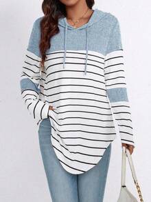 SHEIN PETITE Camiseta de manga larga casual de parches para mujer de talla pequeña en azul heather - Azul y blanco - Ver 1