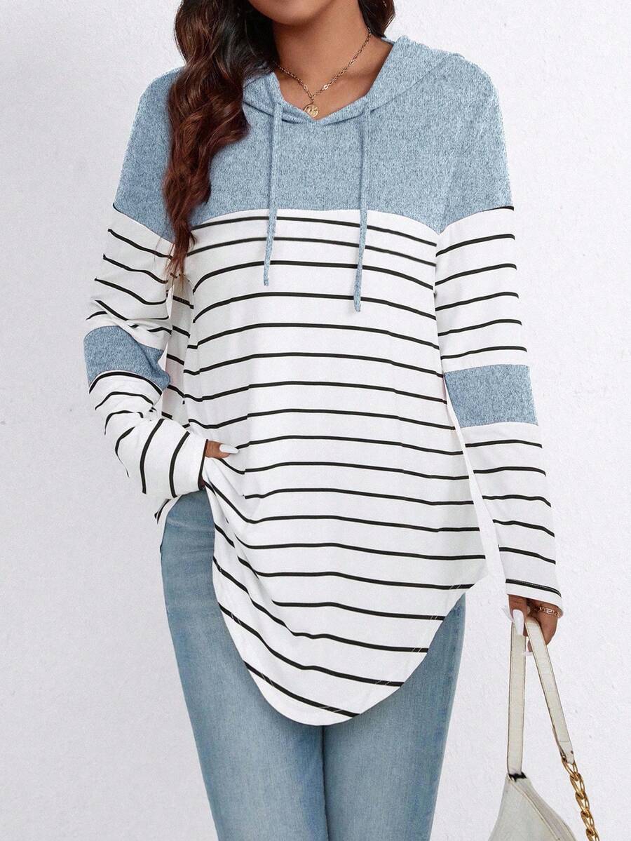 SHEIN PETITE Camiseta de manga larga casual de parches para mujer de talla pequeña en azul heather - Azul y blanco - Ver 1
