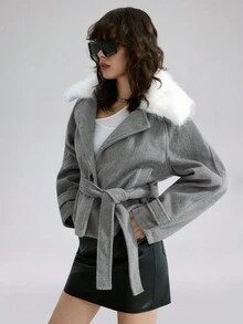 Airlisse Abrigo cruzado con cuello gris, mangas raglán y cintura con lazo, para otoño/invierno - Gris - Ver 1