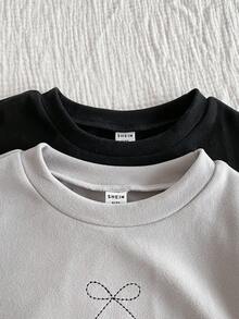 SHEIN 4件套女童优雅简约黑灰蝴蝶刺绣长袖上衣和裤子保暖内衣套装 - 彩色 - 查看 6