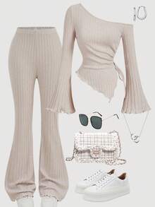 SHEIN Girlism Teen Girls Apricot Drawstring Asymmetric Hem Flared Sleeve T-Shirt And A Two Pieces Flared Pants Suit,Off Shoulder T-Shirt,Fall Girl Clothes,Comfortable T-Shirt Suit Winter - Apricot - View 1