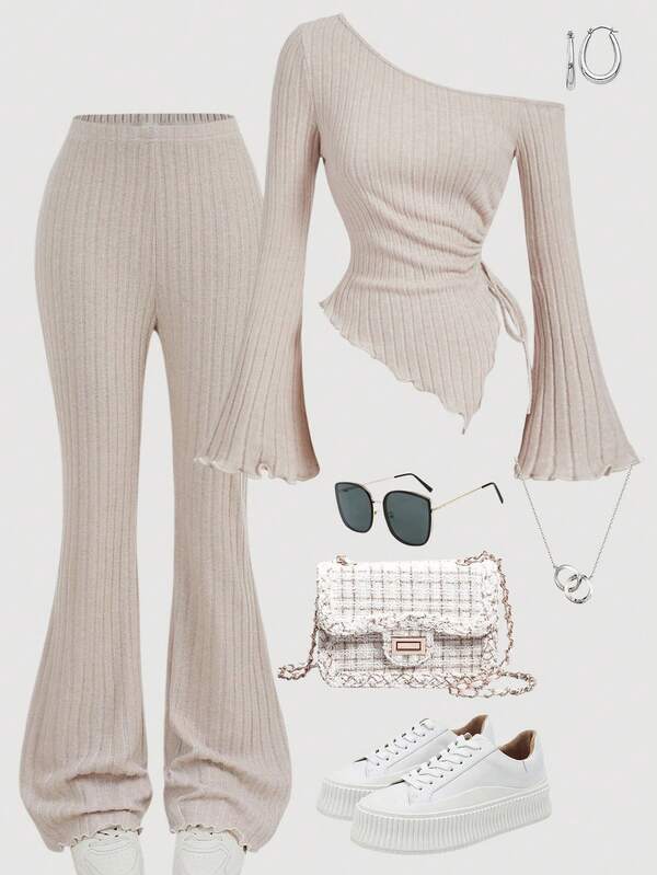 SHEIN Girlism Conjunto de camiseta de manga acampanada con dobladillo asimétrico y cordón en color albaricoque y pantalones acampanados de dos piezas para adolescentes, camiseta de hombros descubiertos, ropa de otoño para niñas, conjunto de camiseta cómoda