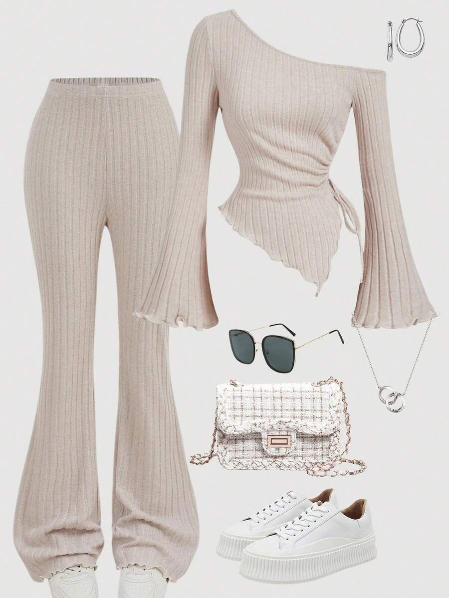 SHEIN Girlism Teen Girls Apricot Drawstring Asymmetric Hem Flared Sleeve T-Shirt And A Two Pieces Flared Pants Suit,Off Shoulder T-Shirt,Fall Girl Clothes,Comfortable T-Shirt Suit Winter - Apricot - View 1