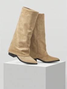 MOTF WOMEN'S FASHIONABLE APRICOT CHUNKY HEEL POINTED TOE OVER-THE-KNEE BOOTS - Apricot - View 9