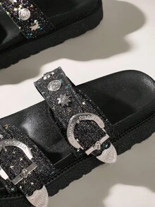 Solecia Dép xăng đan đi biển đế dày đế đinh tán thời trang mùa hè mới cho nữ, thoải mái, tiện dụng, đi chơi ngoài trời - màu đen - Xem 5