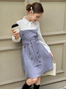 Tween Girl White Collared Button-Down Belted Dress Fall Winter - White - View 1