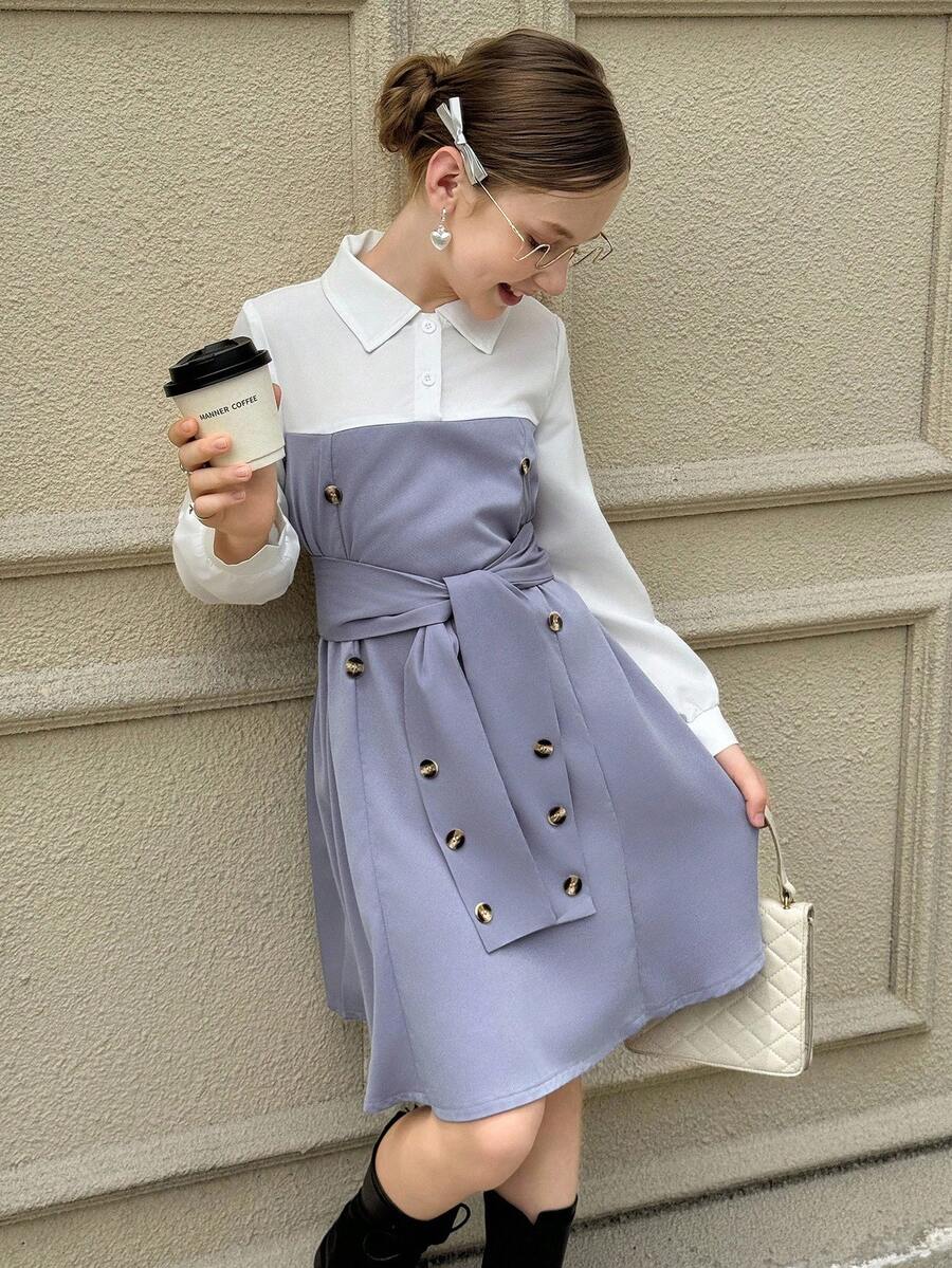Tween Girl White Collared Button-Down Belted Dress Fall Winter - White - View 1