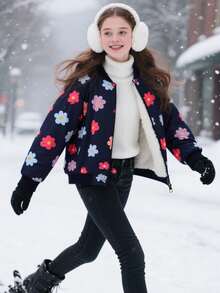 SHEIN 少女甜美清凉保暖外套，时尚印花休闲外套，适合上学、日常穿着和外出游玩 - 藏蓝色 - 查看 6