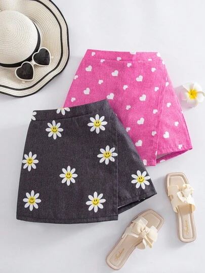 Elladie kids 2 件套 Tween Girl 活力假期向日葵、心形、人脸仿牛仔印花不对称短裤，蓝色和粉色组合，适合夏季外出
