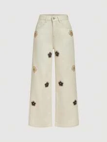 SHEIN MOD Blugi damă la modă, drepți, lejeri, cu decor floral, casual, versatili - alb - Vizualizare 1