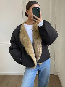 Livesso Women's Fur Collar Patchwork Long Sleeve Open Front Loose Winter Jacket Vest - Black - View 8