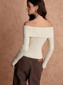 Rafferiza Elegant Off Shoulder Fitted Solid Color Sweater, Suitable For Commuting - Beige - View 2