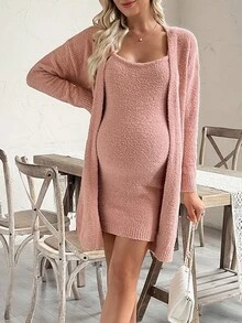 SHEIN Conjunto de vestido ajustado sin mangas y cárdigan para maternidad