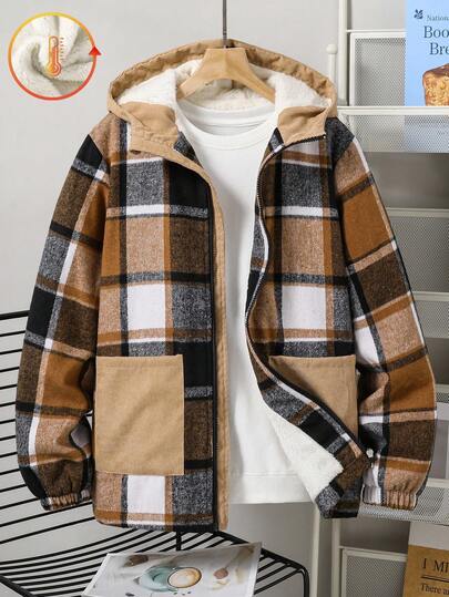 Casual Fashion Colorblock Plaid Corduroy Lined Hooded Jacket For Teen Boy, Loose Fit, Comfortable, Versatile, Suitable For Autumn, Spring, Winter, Daily Wear, Commuting, Outdoor, Sports, School, Streetwear, Party, Photography Fall