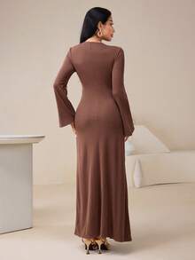 Veilorie Đầm dài thời trang nữ màu trơn khóa kim loại - Cà phê nâu - Xem 7