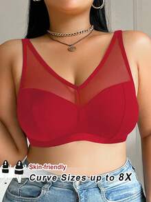 SHEIN CURVE+ 大码纯色网眼插入式无钢圈弧形文胸夏季/乡村/海滩度假装/沙滩装/沙滩装 - 酒紅色 - 查看 8