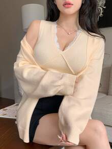 DAZY 2 件套女士优雅蕾丝拼布吊带背心开衫毛衣套装，秋季 - 杏色 - 查看 6