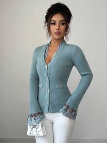 Elenzga 女式 V 领合身纽扣仿口袋设计高端优雅花卉拼接长袖针织开衫，秋季 - 霧霾藍 - 查看 3