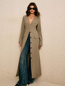 Poéselle Áo khoác nữ dáng dài đơn hàng ngày cổ chữ V màu trơn, cài khuy đơn, mùa thu - Màu Xám nhạt - Xem 7