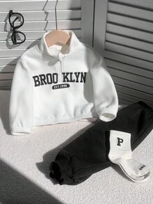 2pcs Baby Boy Black And White Tracksuit,Half-Zip Thermal Hoodie & Sweatpants Set,Back-To-School,Autumn,Casual,City Break,Cute Winter Fall Outfit - Black and White - View 3