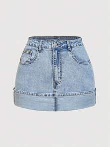 SHEIN MOD Váy mini denim bó sát, giặt thường ngày cỡ lớn - Màu xanh lam - Xem 1