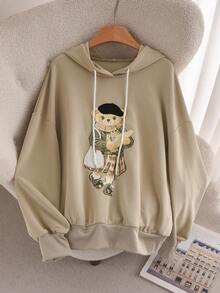 CosyJoli Plus Size Women's Khaki Cute Hooded Long Sleeve Sweatshirt,Fashion Bear Embroidery Graphic Design,Casual Back-To-School Graduation Fall/Winter - Apricot - View 5