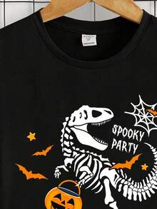 SHEIN Áo thun tay ngắn in họa tiết hoạt hình phong cách Halloween cho bé trai, phù hợp cho mùa hè - màu đen - Xem 5