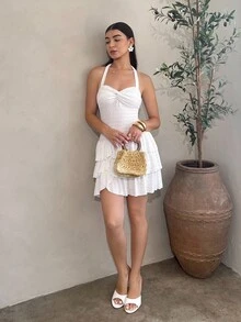 Andrea Bello Women's Vacation Mini Dress With Elastic Ruched Bust, Tie Neck, Bowknot, And Tiered Ruched, Can Wear Inner Or Outer,Valentine's Day Date Outfits,New Year Women Dress,Christmas Women Clothes,Party Women Outfit,Music Festival/Concert Clothing,Valentine Day,Summer Dresses For Women,White Graduation Dress