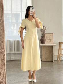 Andrea Bello Solid Color V-Neck Button Cuff Bowknot Elegant Women Long Dress - Yellow - View 1