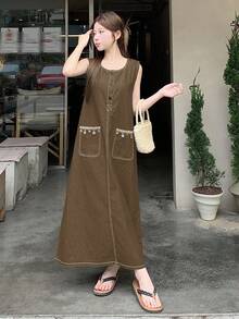 DAZY 女士休闲宽松无袖牛仔连衣裙，适合春夏穿着的百搭连衣裙 - 咖啡 - 查看 3