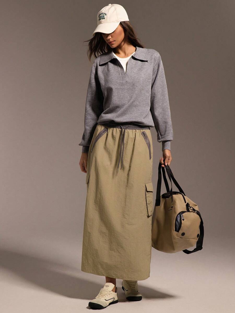 Hanevo Women's Casual Elastic Waist Pockets Long Skirt, Fashionable Street Style - Mocha Brown - View 1