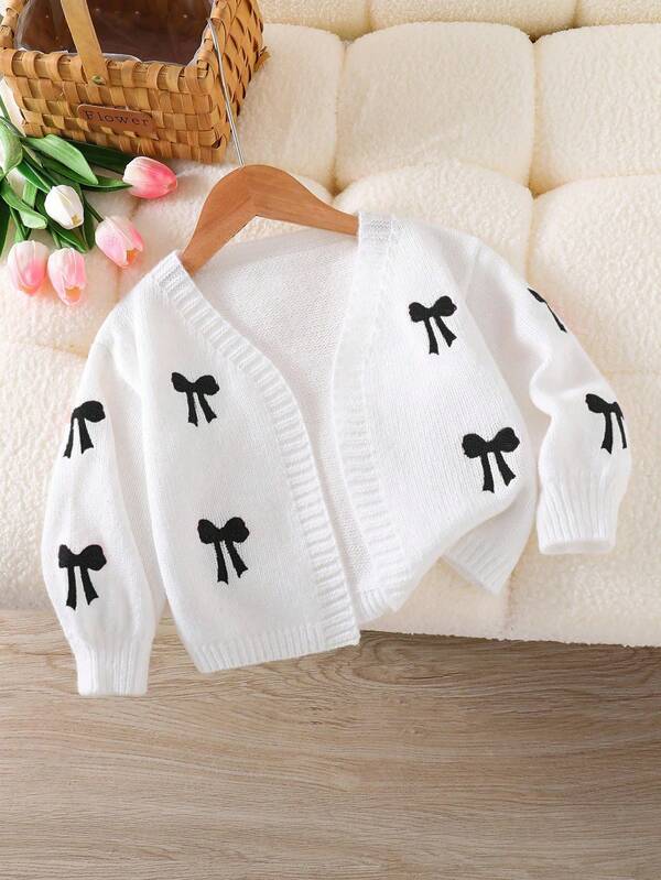 SHEIN Young Girl 1 Piece Sweet Bow-Embroidered Cardigan , Pink & White V-Neck Puff Sleeve Open Front Lightweight Cropped Cardigan For School & Weekend Outings, Spring/Fall
