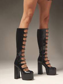 SHUZIA 女式朋克风格厚底粗跟及膝圆头多扣带舒适秋冬度假鞋 - 黑色 - 查看 7