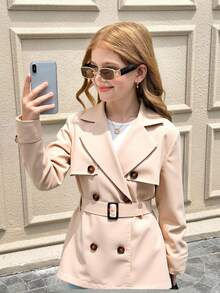 SHEIN Mädchen Tweens einfarbiger Khaki Doppelreiher Kragen locker sitzende Windjacke mit geraffter Taille, knielanger Trenchcoat, geeignet für den Lässig Alltag, lässigen Militärstil, Streetwear - Khaki - Übersicht 12