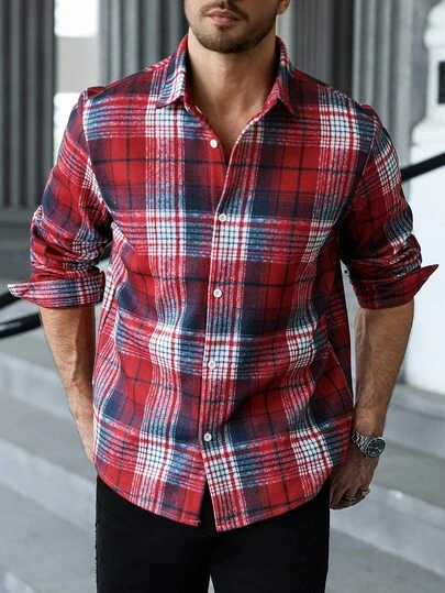 Manfinity CasualCool Men's Plaid Long Sleeve Single-Breasted Casual Shacket, Autumn Red Plaid Shirt Men Casual Shirt Men Plaid Shirt,Red Checkered Shirt, Christmas