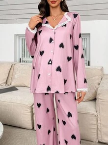 Moonlight&Mama Moonlight & Mama 蕾丝拼布翻领黑色心形印花宽松长袖上衣和裤子孕妇睡衣套装，秋季服装 - 彩色 - 查看 7