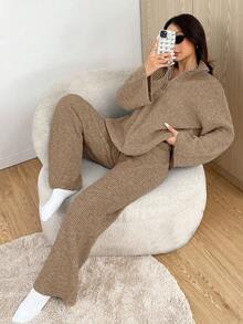 SHEIN EZwear 2pcs Women Casual Khaki Zip-Up Drop Shoulder Sweater And Knit Pants Set, Autumn/Winter,Fall - Khaki - View 3