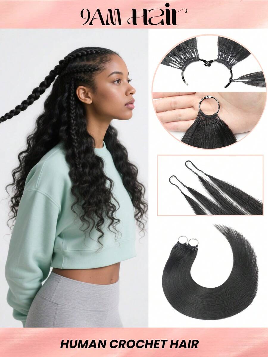 Boho Braids 100%真人发丝，直发，钩编发，羽毛线钩编发辫，沙龙级丝滑无缝隐形自然黑色，适合细软发质女性，微环预编钩编真人发接发 - Natural Black - 查看 1