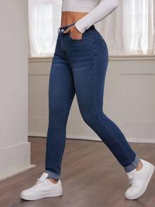 SHEIN PETITE Blugi blugi skinny cu talie înaltă, stil casual pentru femei, toamnă, iarnă, Halloween, Crăciun, Anul Nou, anii 2000, călătorii, naveta, petrecere, vacanță, stilul banilor vechi, cumpărături, banchet, eleganți, casual, minimalisti, cu mustăți de pisică, blugi albaștri, blugi skinny clasici, spălare închisă, pentru femei, pentru ținute casual de zi cu zi, la modă, versatili, cu tiv rulat, pantaloni scurți din denim elastici - Albastru - Vizualizare 7