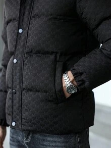 Manfinity CasualCool 男士拉链格子撞色长袖口袋冬季棉服外套，男士冬季外套，拼色加绒保暖冬季外套，格子冬季外套 - 黑色 - 查看 6