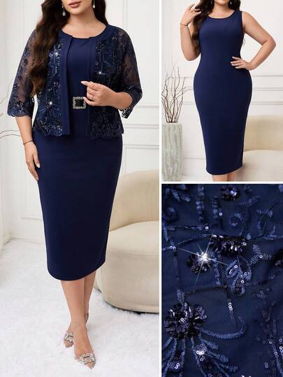 Modelyn Plus Size Women Sequin Mesh 3/4 Sleeve Jacket And Dress Elegant 2 Pieces Set
