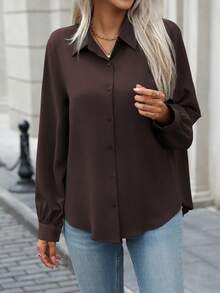 EMERY ROSE Áo sơ mi nữ cổ bẻ màu trơn, thường ngày/công sở, mở phía trước, xếp ly phía sau và viền cong, tay dài, mùa xuân/thu - Cà phê nâu - Xem 7
