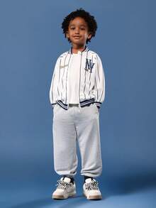 SUMWON 男童棒球校队飞行员夹克条纹纽约标志经典复古运动风格春秋季休闲外套白色海军蓝 - 藍白色 - 查看 5