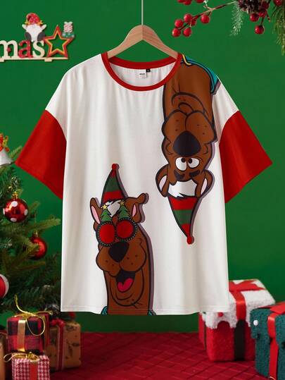 SCOOBY-DOO X SHEIN 大码女式休闲圣诞可爱卡通狗和字母印花撞色落肩宽松T恤