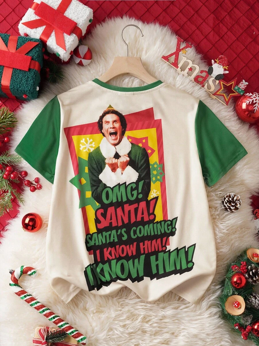 ELF X SHEIN Camiseta de manga corta con cuello redondo y gráfico de figura navideña para niño preadolescente