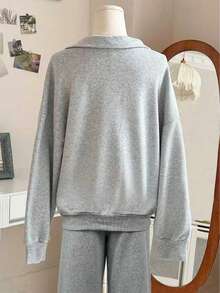 Lalippa 超大半拉链立领落肩长袖连帽衫+休闲直筒裤 - 灰色 - 查看 2