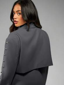 MISSGUIDED Contemporary Studded Long Sleeve Cropped Blazer Evening Party Metallic Button Design Edgy Modern Statement Piece Fall Winter Mini Jacket - Grey - View 6