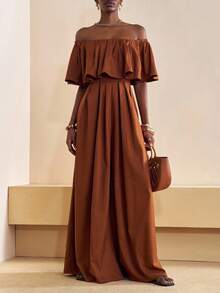 Zivah 2025 秋冬新品，音乐节，毕业季，学院风，学生装，日常休闲，度假，海滩，街头风，通勤优雅，露肩荷叶边连体裤，纹理面料，西装面料，有口袋，棕色连体裤 - 棕色 - 查看 3