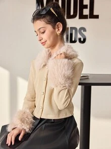 青少年女孩蓬松长袖单排扣休闲夹克，秋冬