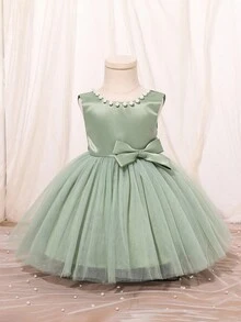 SHEIN Glamorique Kids Christmas Princess Girls Dress, Ball Gown Party Dress For Flower Girl, Pageant, Party, Wedding, Green Tulle Dress With White Beaded V-Back Big Bow Princess Dress Fall Winter